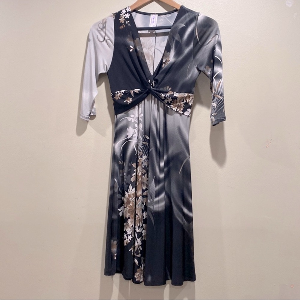 Purple Rain Floral V-Neck fairy grunge gray tone, black brown ombre Dress. Sz S.